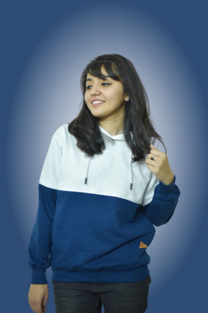 Pearl White with Navy Women’s casual colorblock Hoodie